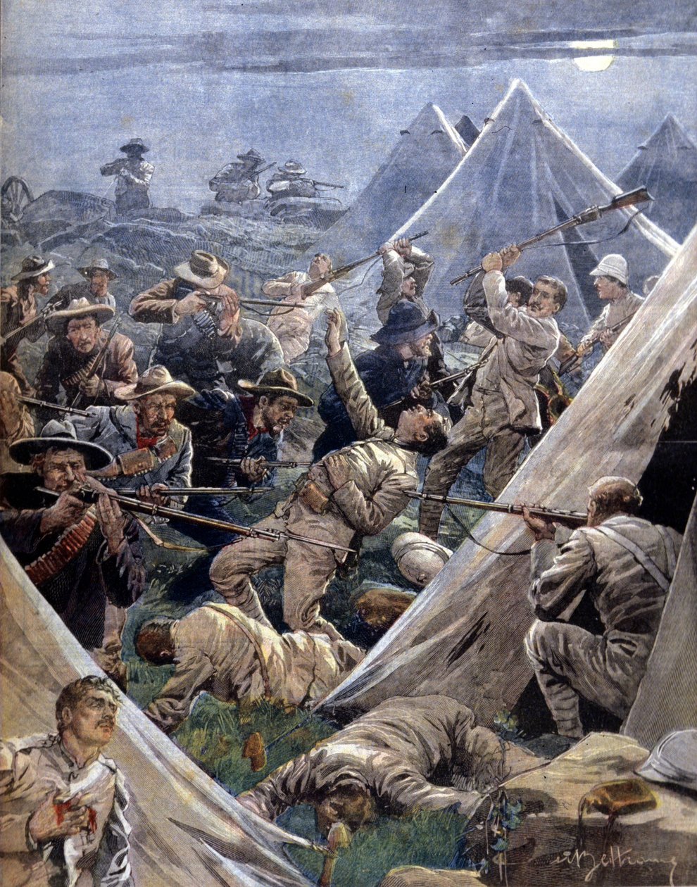 La guerra dei Boeri o guerra del Transvaal in Sudafrica tra inglesi e boeri: questi ultimi hanno attaccato un campo inglese a Tweenfontein. Illustrazione di Beltrame. La Domenica del Corriere. 1902. da Achille Beltrame