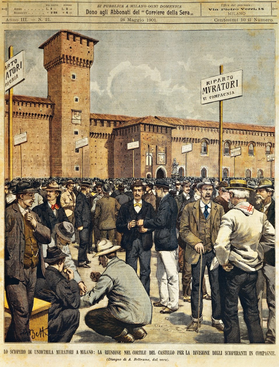 Grande sciopero dei costruttori a Milano: Riunione pubblica nel grande cortile del Castello Sforzesco da Achille Beltrame