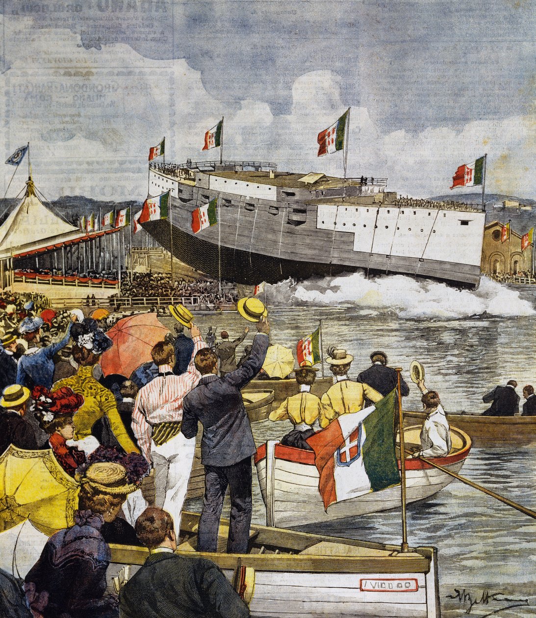 Varo della corazzata Regina Margherita a La Spezia, pannello di Achille Beltrame (1871-1945), La Domenica del Corriere, 9 giugno da Achille Beltrame