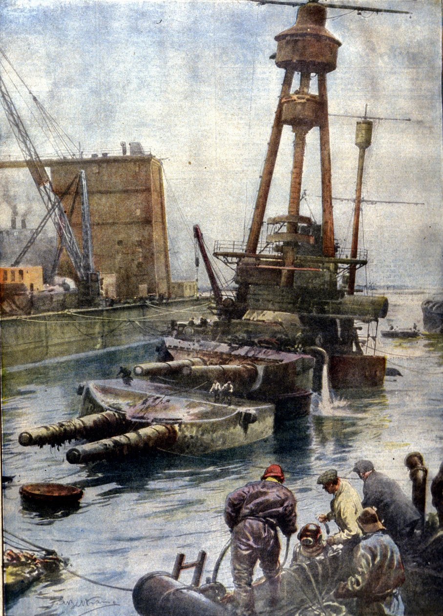La corazzata tedesca Hindenburg, affondata a Scapa Flow in Scozia, è riemersa grazie alla flotta inglese dopo 7 anni passati sul fondo degli oceani. Illustrazione di Beltrame. La Domenica del Corriere da Achille Beltrame