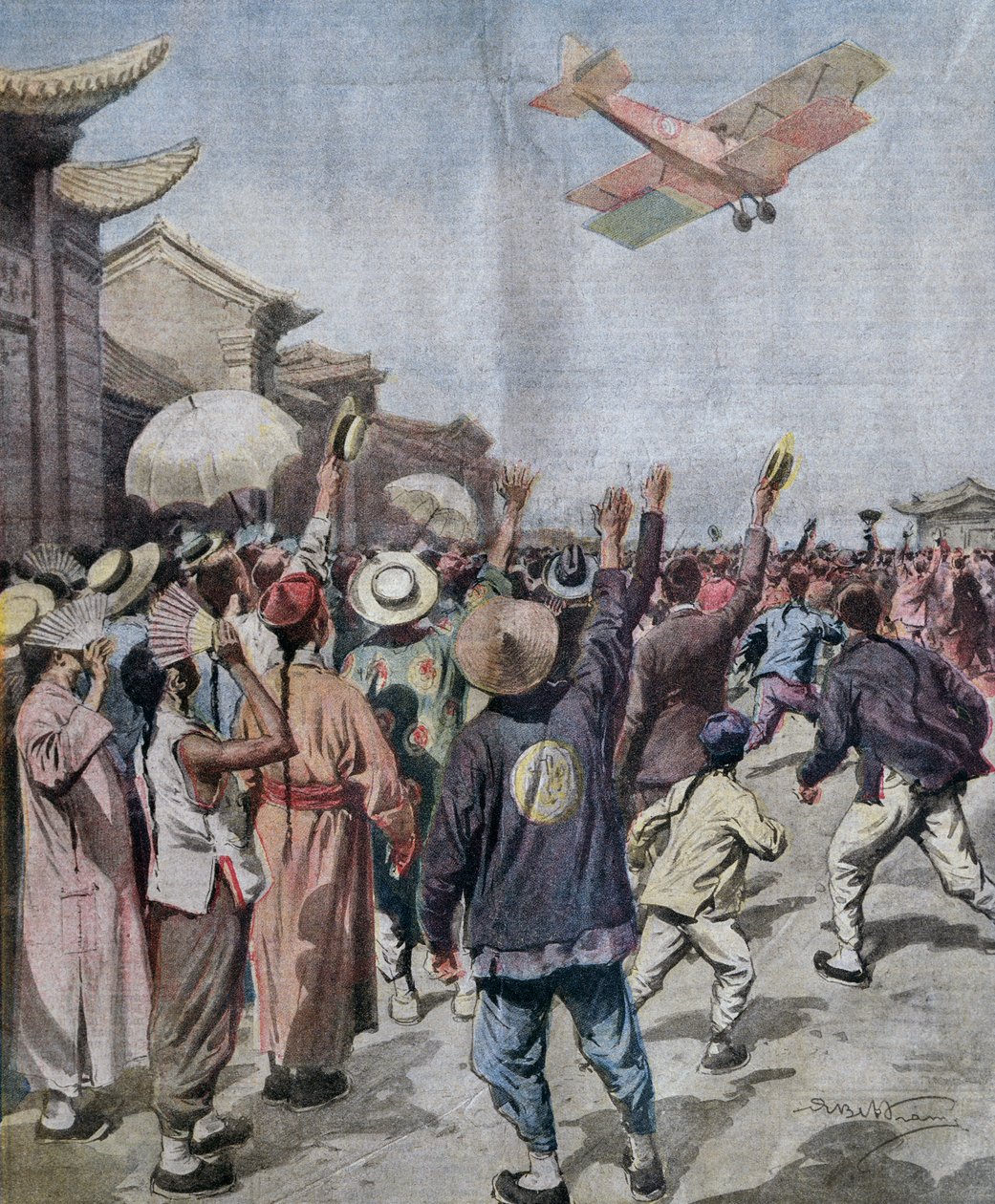 Tenente Arturo Ferrarin, partecipante al raid Roma-Tokyo, arrivando sopra il cielo di Shanghai, illustrazione di Achille Beltrame da La Domenica del Corriere, 16 maggio da Achille Beltrame