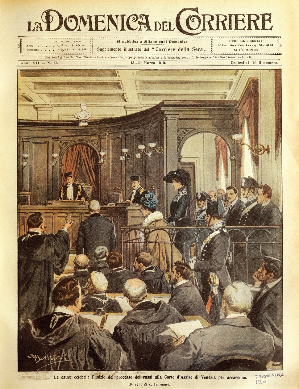 Maria Tarnowska in processo a Venezia, di Achille Beltrame, illustrazione, Illustratore Achille Beltrame (1871-1945), da La Domenica del Corriere da Achille Beltrame