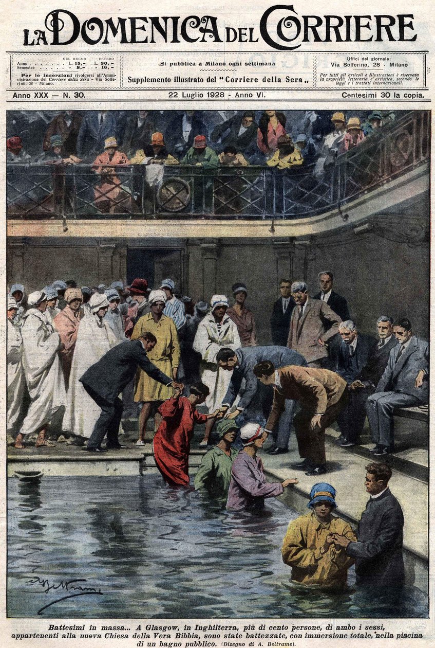 Battesimi di massa a Glasgow, Scozia, oltre cento persone, membri della nuova Chiesa della Vera Bibbia, sono stati battezzati nella piscina municipale. Illustrazione di Beltrame. La Domenica del Corriere. 22/07/1928. da Achille Beltrame