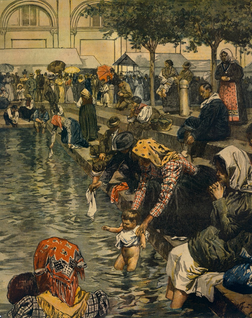 Pellegrinaggio a Caravaggio: Bagno nelle acque miracolose, di Achille Beltrame, da La Domenica del Corriere da Achille Beltrame