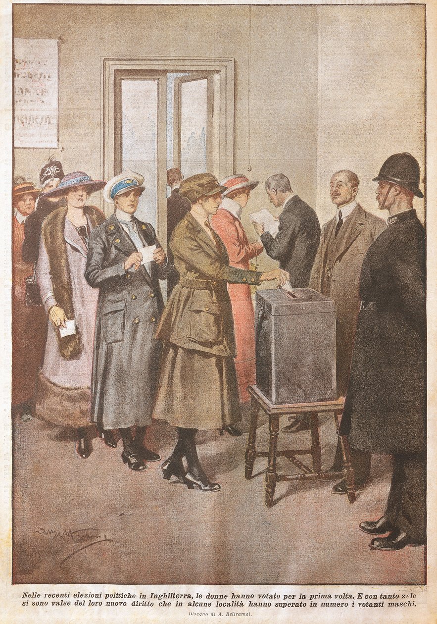 Elezioni politiche in Inghilterra: Le donne votano per la prima volta, di Achille Beltrame, da La Domenica del Corriere, XX secolo da Achille Beltrame