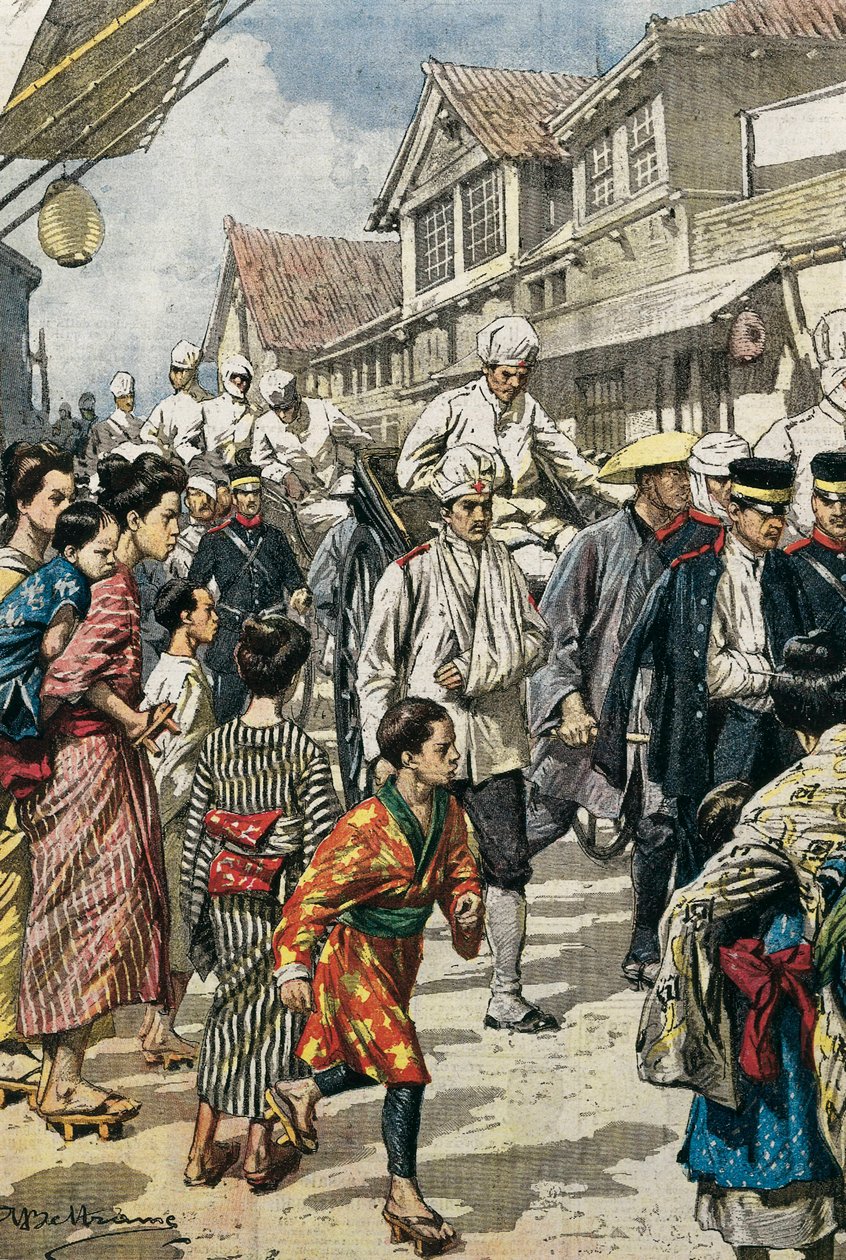 Guerra russo-giapponese (1904-1905). Arrivo a Tokyo dei primi feriti della battaglia di Ya-Lu (febbraio 1904). Immagine di Achille Beltrame per "La Domenica del Corriere". Incisione. da Achille Beltrame