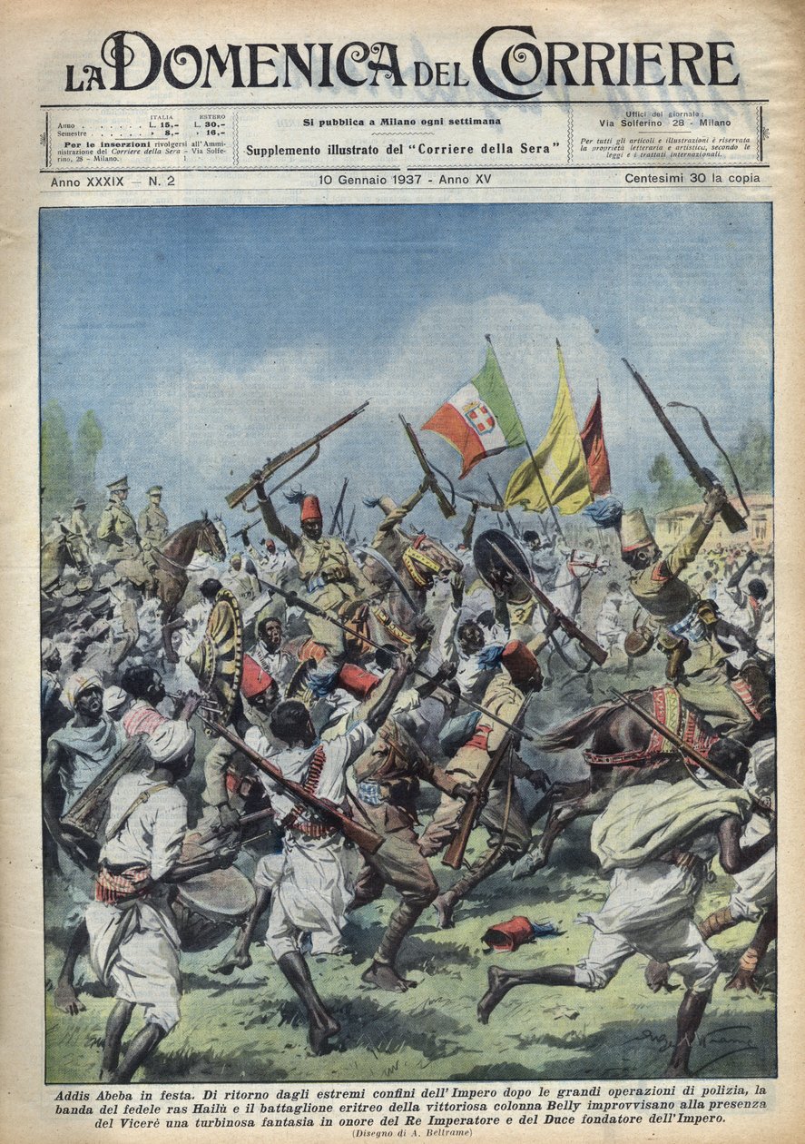 Scena di gioia ad Addis Abeba, Etiopia, ritorno di Ras Hailou dalle principali operazioni di polizia. Sfilata in onore del Duce (Benito Mussolini) e del re d
