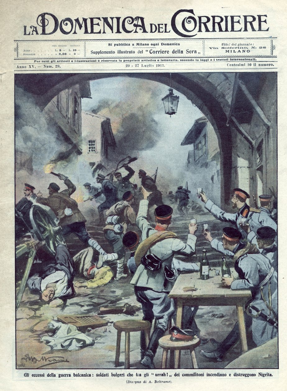 Seconda guerra balcanica (1913) tra Bulgaria, Grecia e Turchia: soldati bulgari incendiano e distruggono Nigrita in Grecia. La Domenica del Corriere. 07/1913. Illustrazione di Beltrame. da Achille Beltrame