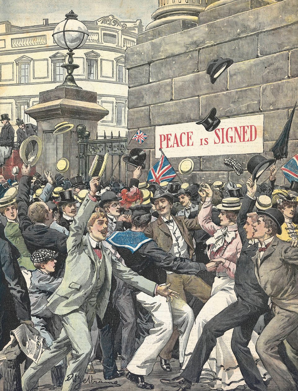 Seconda Guerra Boera. Annuncio della fine della guerra nelle strade di Londra. Illustrazione di Antonio Beltrame. “La Domenica del Corriere” da Achille Beltrame