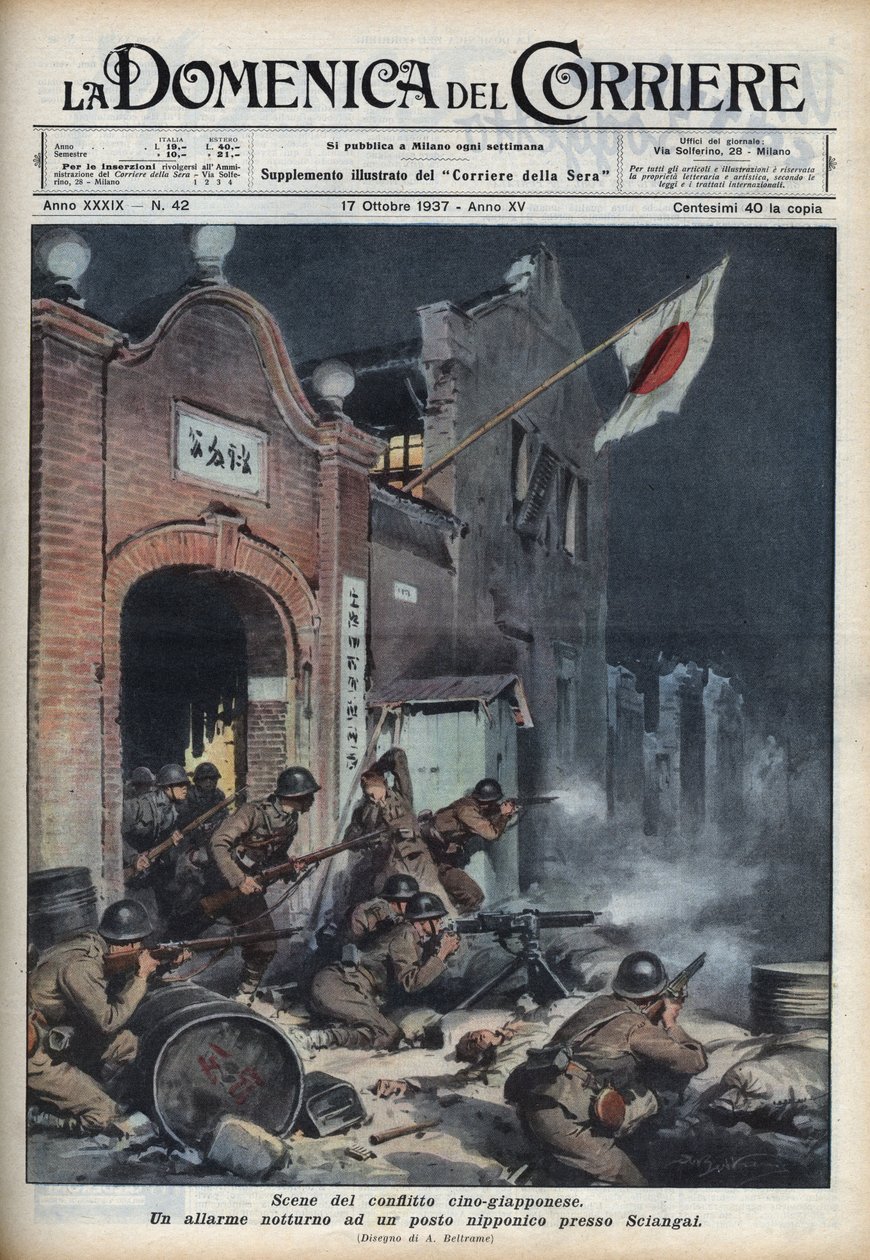 Seconda guerra sino-giapponese (1937-1945): scontri vicino a Shanghai. Illustrazione di Achille Beltrame in 