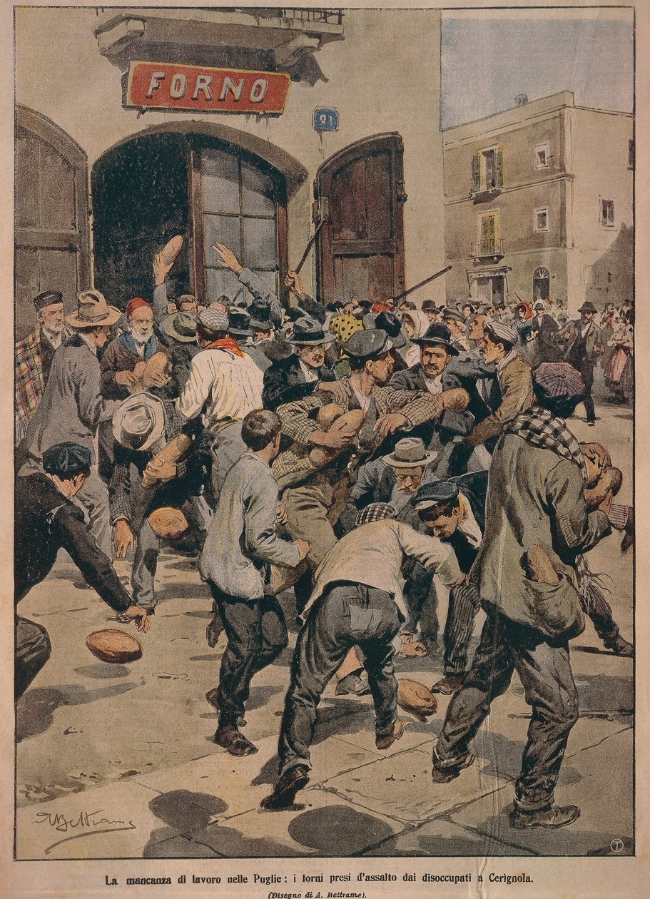 Gravi carenze di lavoro in Puglia, Forni assaliti dai disoccupati di Cerignola, di Achille Beltrame, illustrazione, Illustratore Achille Beltrame (1871-1945), da La Domenica del Corriere, 20 dicembre 1908 da Achille Beltrame