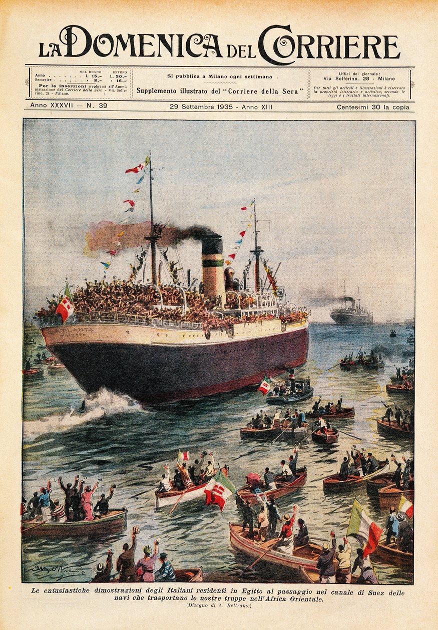 Navi che trasportano truppe italiane in Africa orientale attraversano il Canale di Suez, illustrazione da La Domenica del Corriere, 20 ottobre da Achille Beltrame