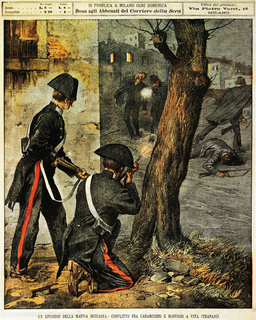Evento della mafia siciliana, scontri tra carabinieri e mafiosi a Trapani, di Achille Beltrame, illustrazione, da La Domenica del Corriere, 31 dicembre 1899 da Achille Beltrame