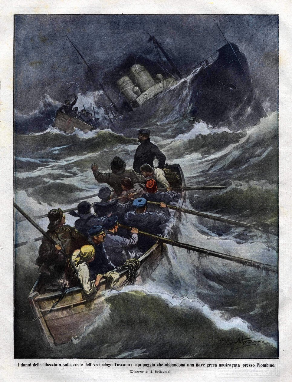 Affondamento di una barca italiana al largo della Toscana nel 1910. illustrazione di Achille Beltrame da Achille Beltrame