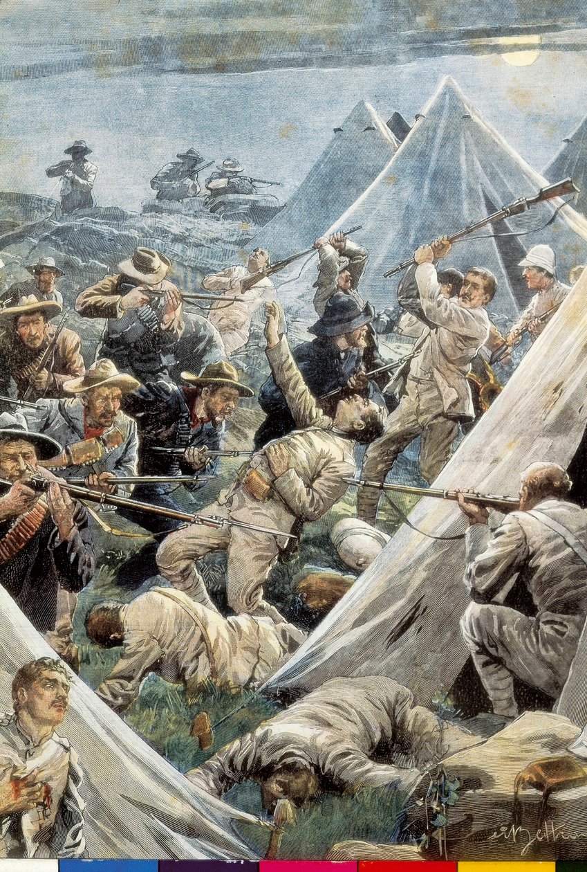Sudafrica. Seconda guerra boera. Attacco al campo inglese di Tweefontein (1902). Illustrazione di Achille Beltrame. Incisione. da Achille Beltrame