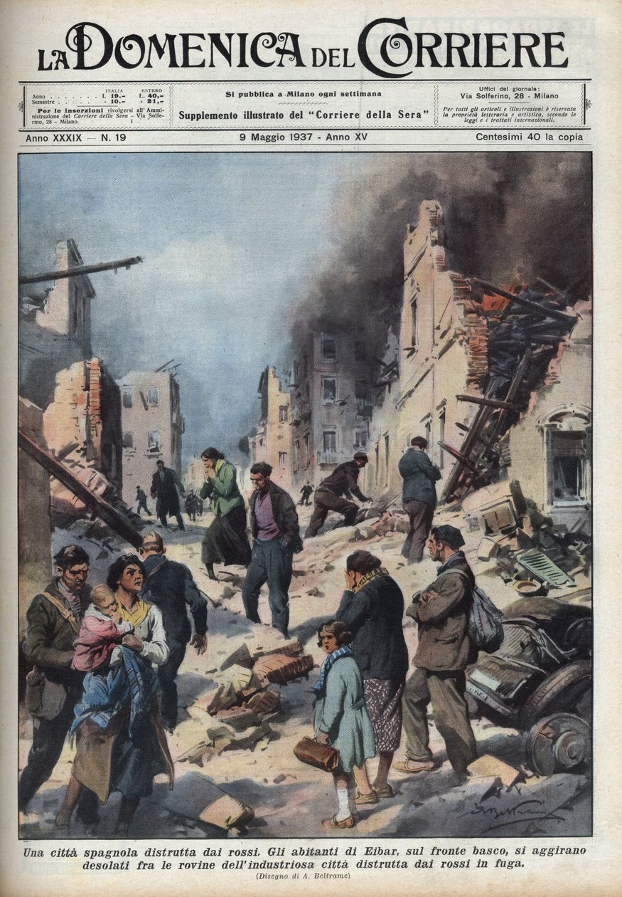 Guerra civile spagnola: vista delle rovine della città di Eibar nei Paesi Baschi devastata dai rossi. Illustrazione di Achille Beltrame in "La domenica del corriere" del 09/05/1937 da Achille Beltrame