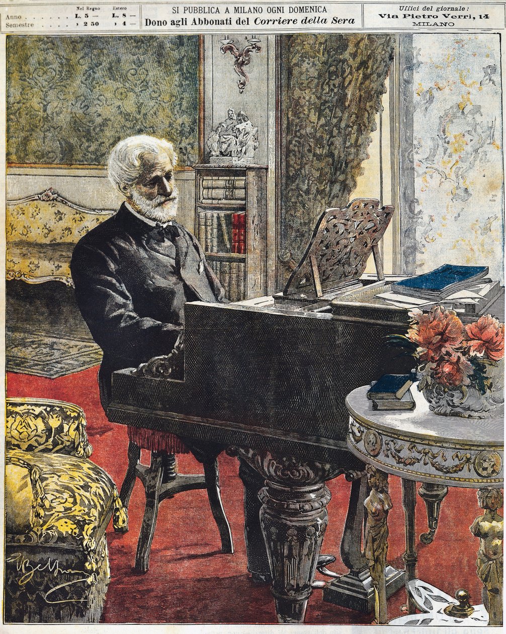 Il compositore italiano Giuseppe Verdi nel suo studio, incisione di Achille Beltrame, La Domenica del Corriere, 8 ottobre da Achille Beltrame
