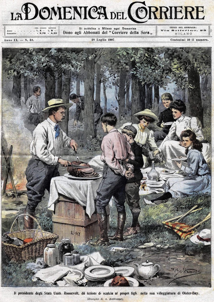 Il presidente degli Stati Uniti Theodore Roosevelt (1858 - 1919) insegnava ai suoi figli i doveri di un uomo di buona società tagliandosi una gamba durante un picnic nella sua seconda residenza a Oister Bay. Illustrazione di Achille Beltrame. La Domenica d da Achille Beltrame