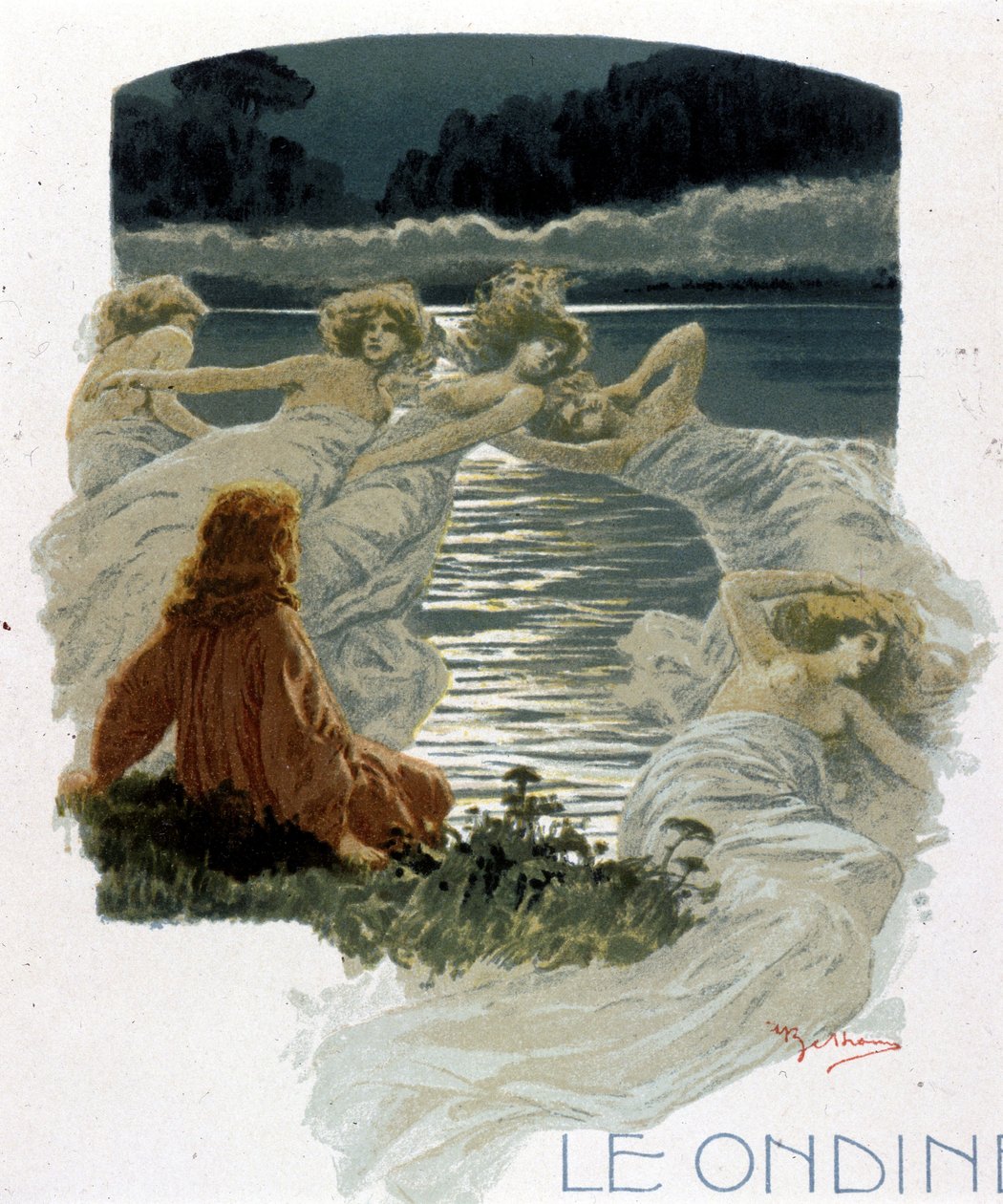 I personaggi delle ondine, giovani ninfe delle acque della mitologia germanica. Illustrazione di A. Beltrame da Achille Beltrame