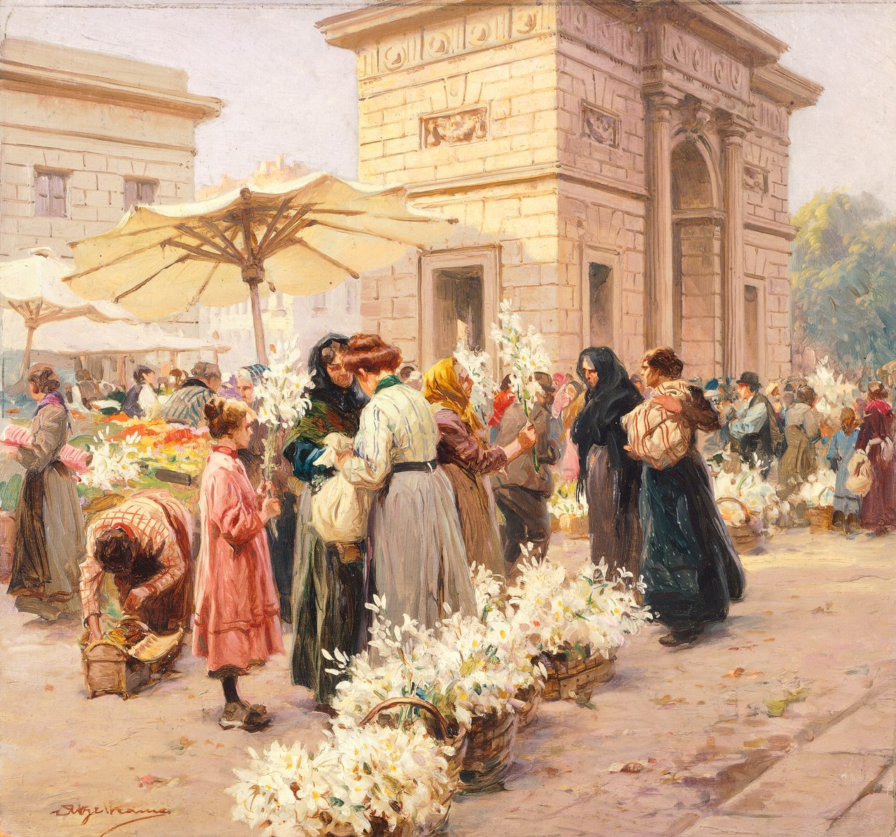 Il mercato dei gigli a Porta Garibaldi a Milano da Achille Beltrame