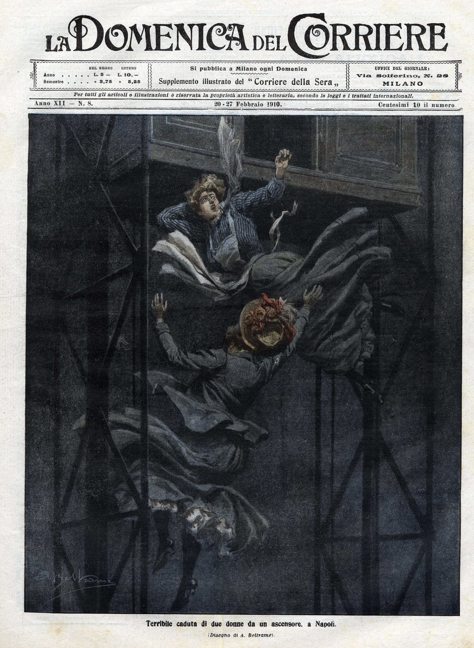 Due donne caddero da un ascensore a Napoli nel 1910 da Achille Beltrame
