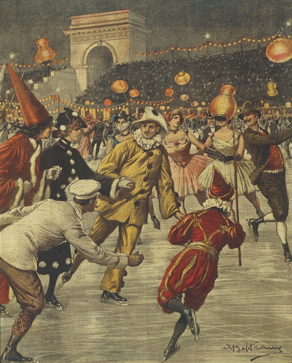 Tipica festa in costume sul ghiaccio ad Aren a Milano, di Achille Beltrame, illustrazione, Illustratore Achille Beltrame (1871-1945), da La Domenica del Corriere da Achille Beltrame