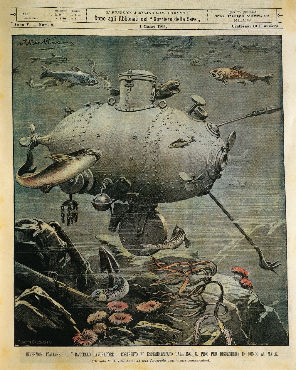Vascello sottomarino per esplorare il fondale marino, illustrazione di Achille Beltrame, da La Domenica del Corriere, 1 marzo da Achille Beltrame