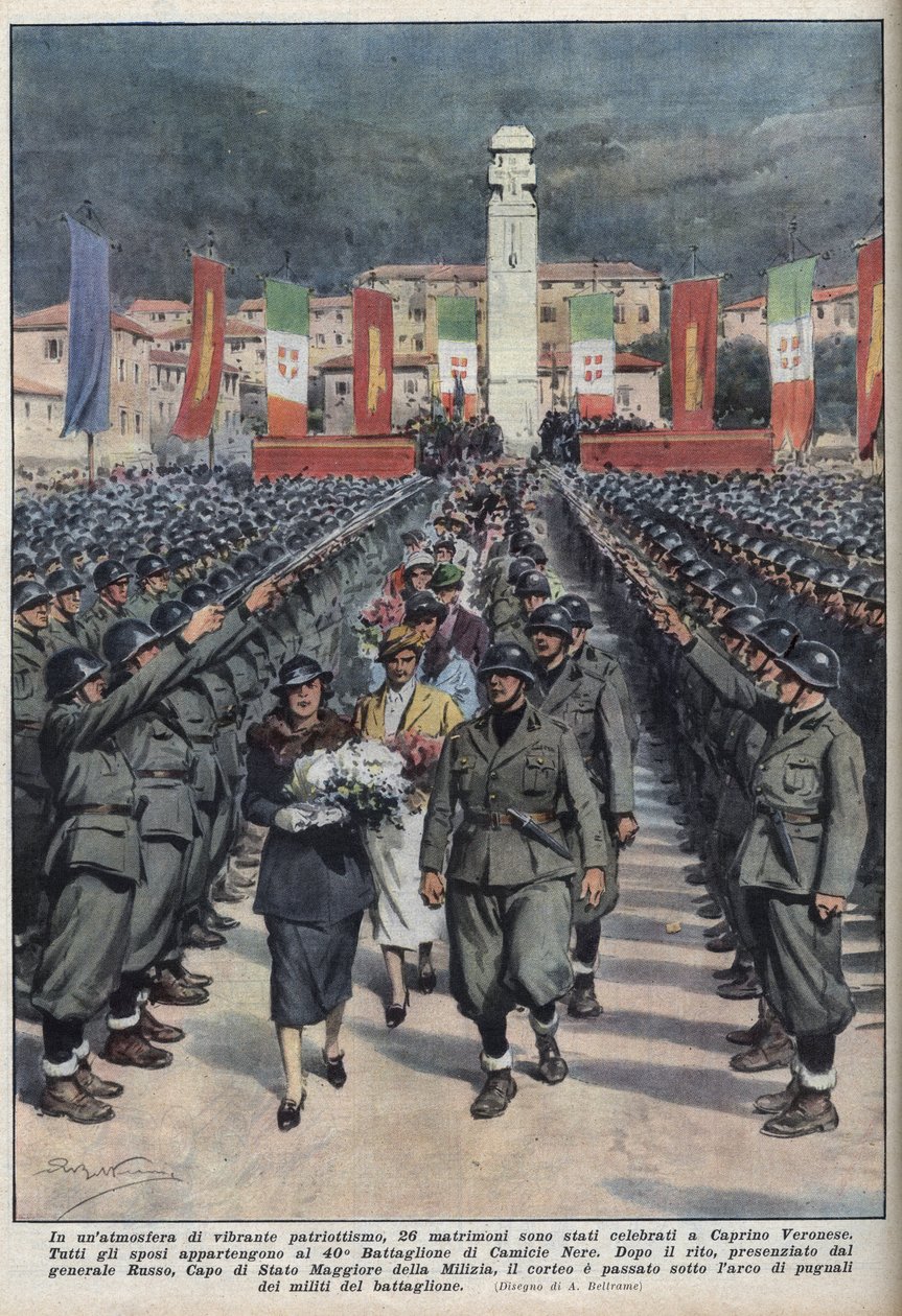 Cerimonia di matrimonio di membri delle camicie nere a Caprino Veronese in Veneto. Illustrazione di Achille Beltrame in 