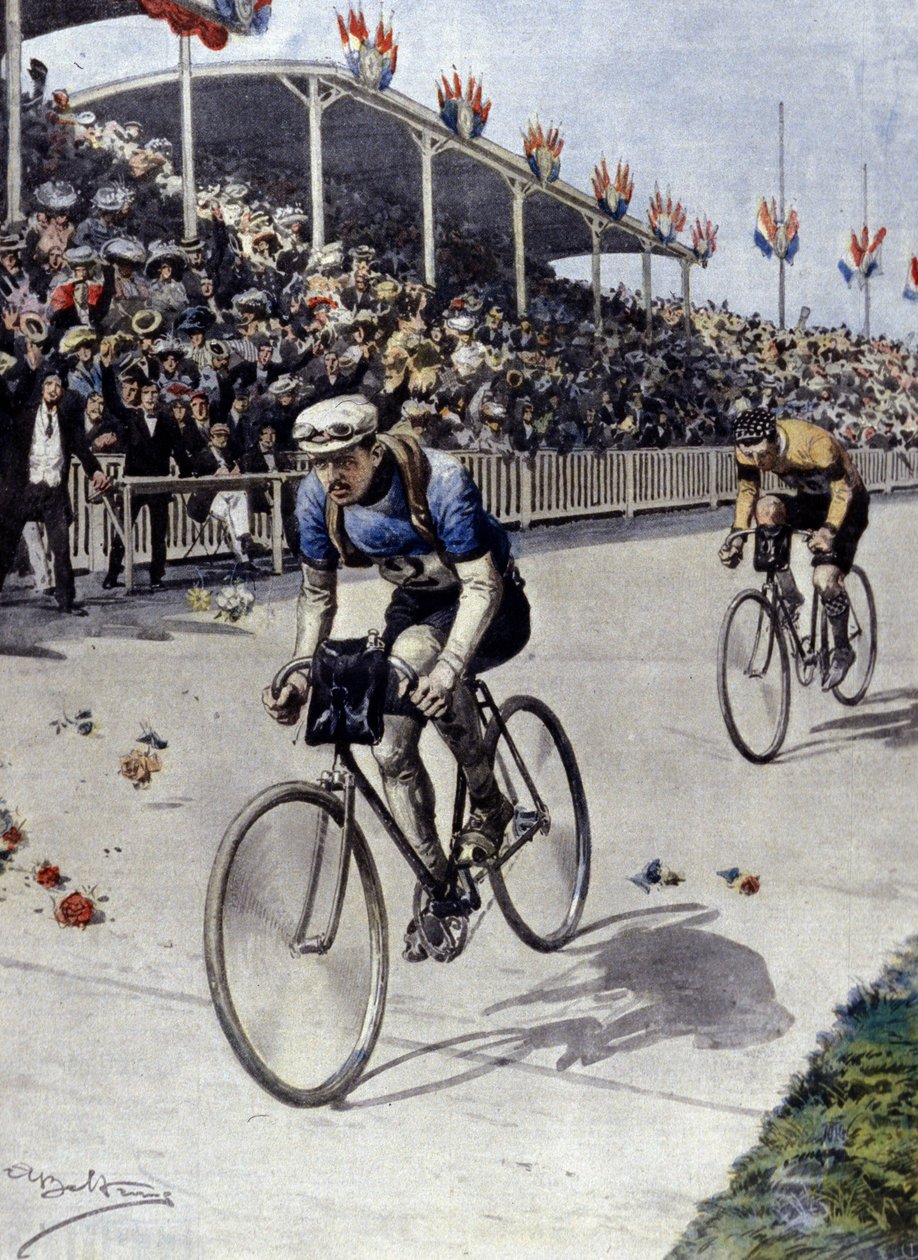 Ciclista Peer Breton vincitore del Tour de France nel 1908. illustrazione di Achille Beltrame da Achille Beltrame