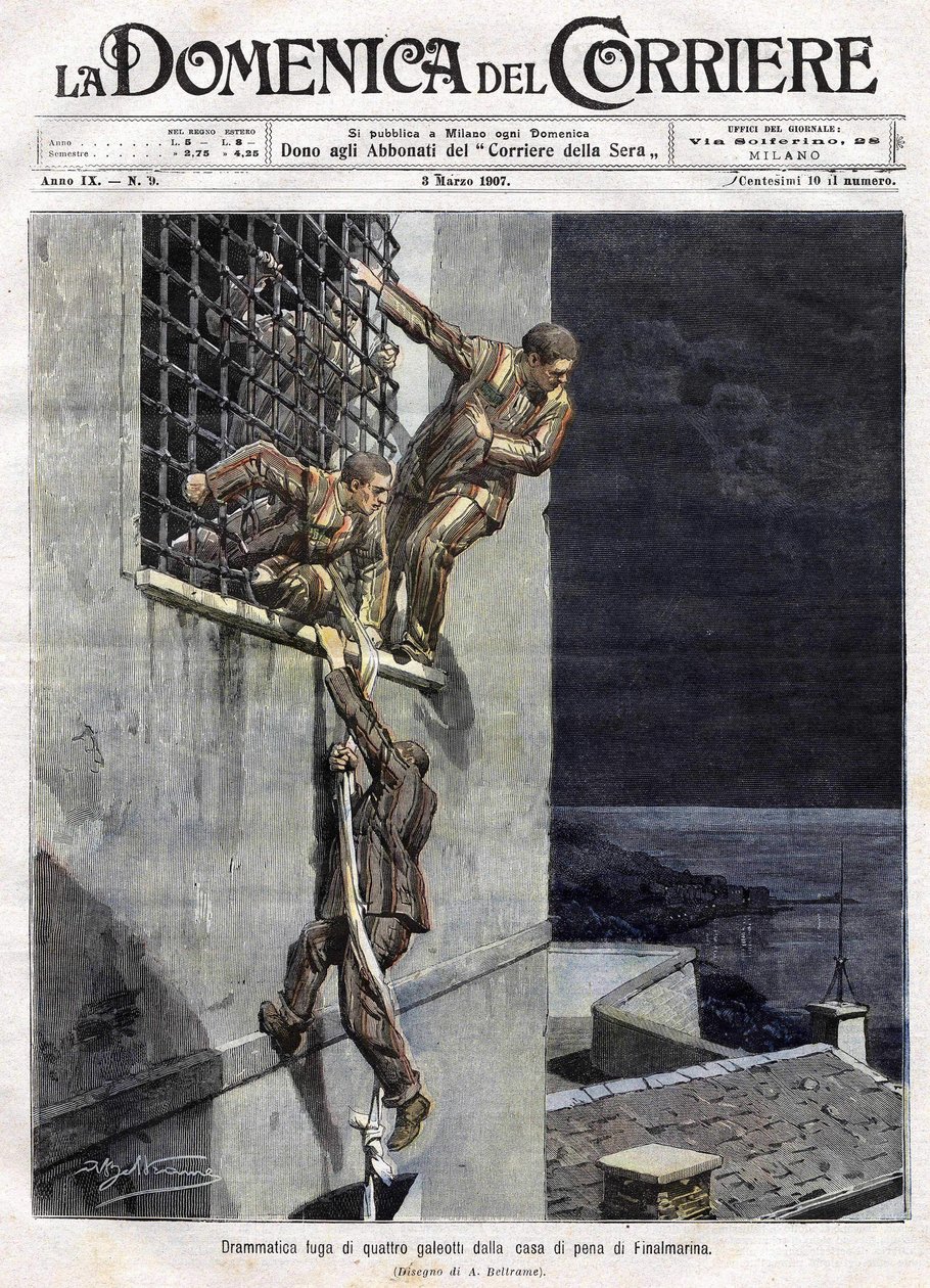 fuga di tre prigionieri dalla prigione di Finalmarina in Italia nel 1907. Illustrazione di Achille Beltrame per la Domenica del Corriere del 3 marzo da Achille Beltrame