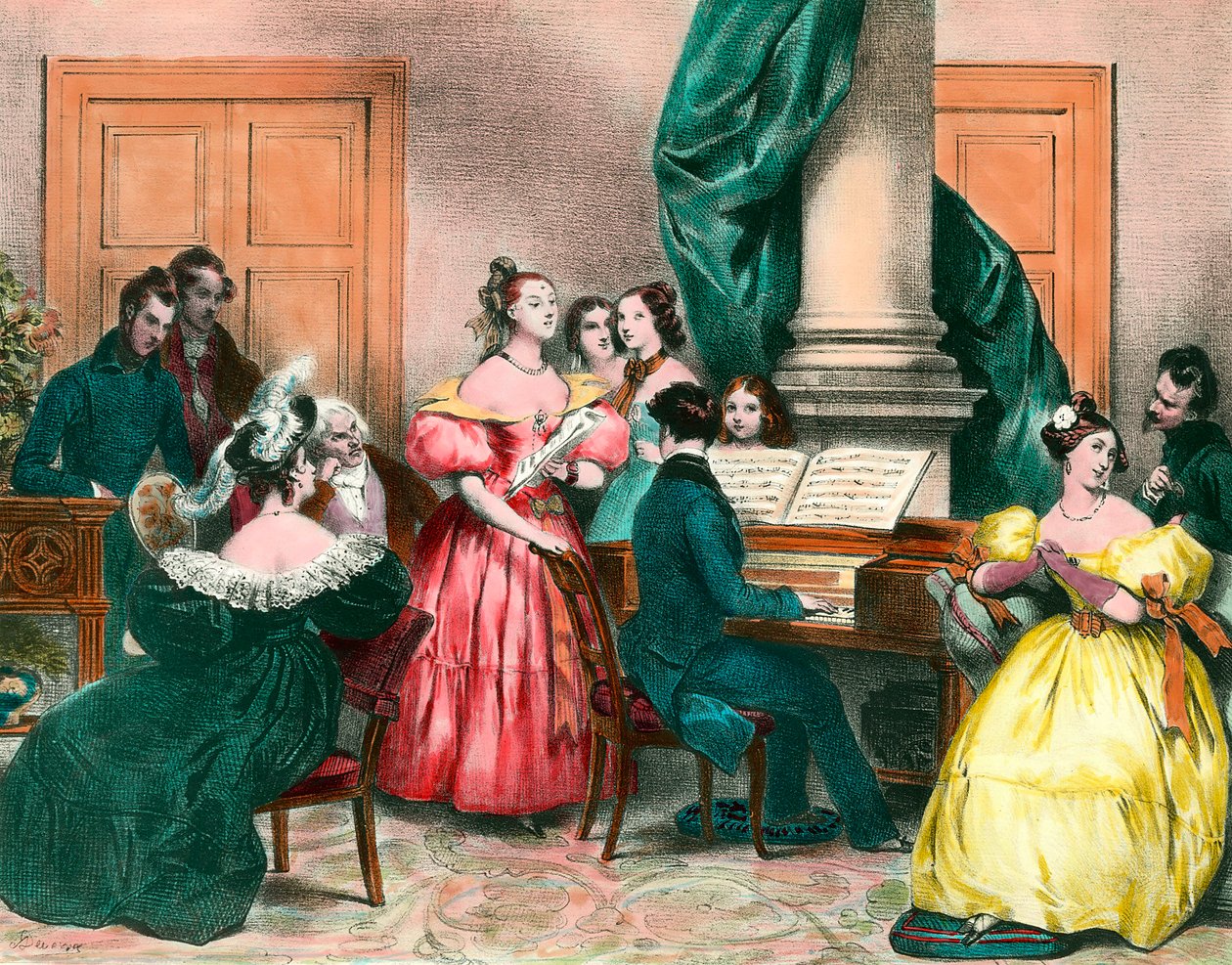 Un pomeriggio musicale in famiglia. Incisione di Achille Deveria (1800-1857). Incisione del XIX secolo. Collezione privata da Achille Devéria