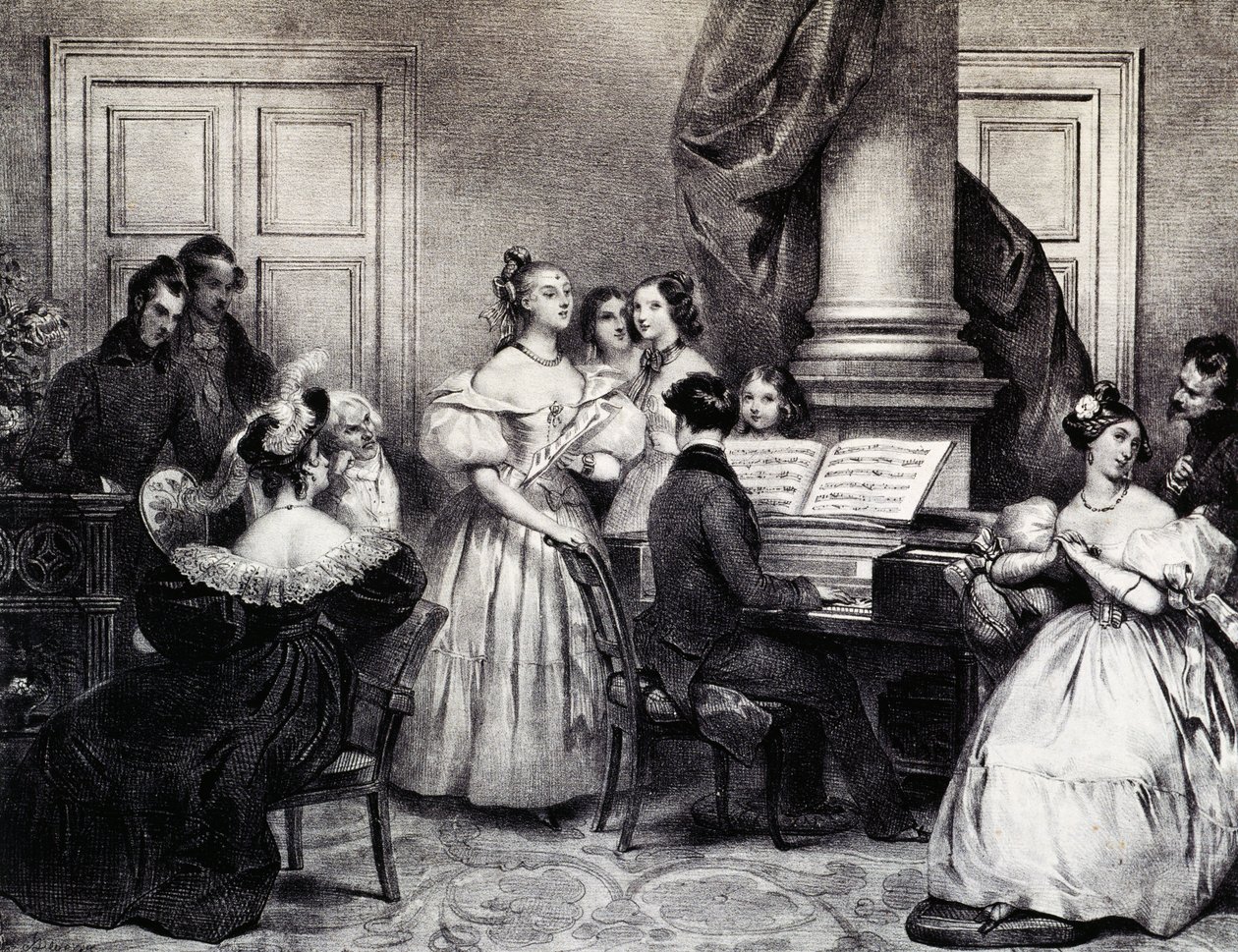 Concerto di famiglia con pianoforte, di Achille Deveria (1800-1857), incisione, Francia da Achille Devéria