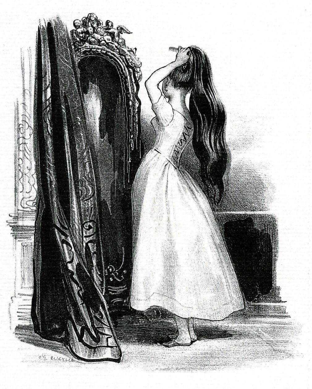 Madame Bovary, per il romanzo di Gustave Flaubert - Emma Bovary raccoglie i suoi lunghi capelli davanti allo specchio da Achille Devéria