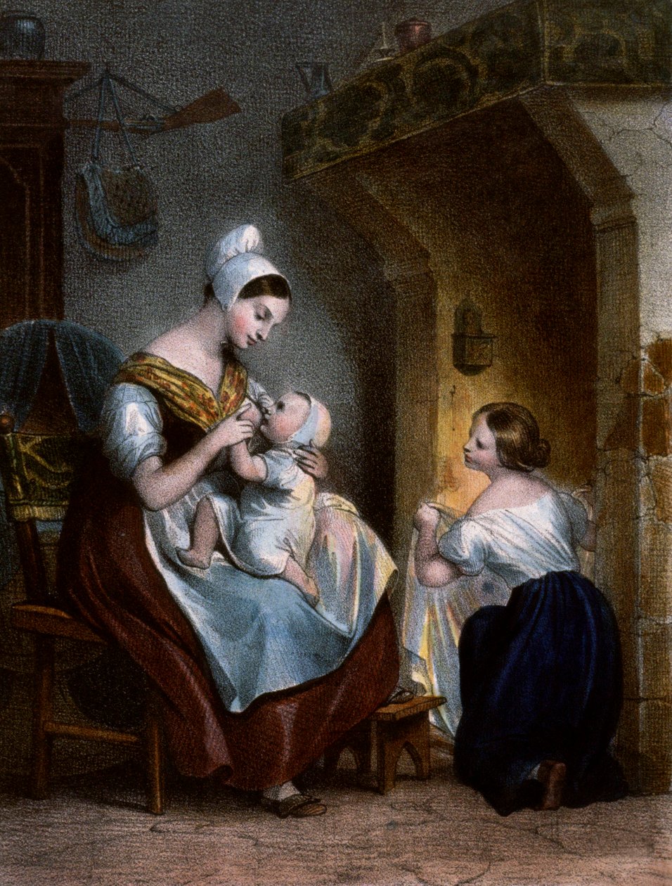 Infermiera che allatta un bambino. Litografia, c.1850 da Achille Devéria