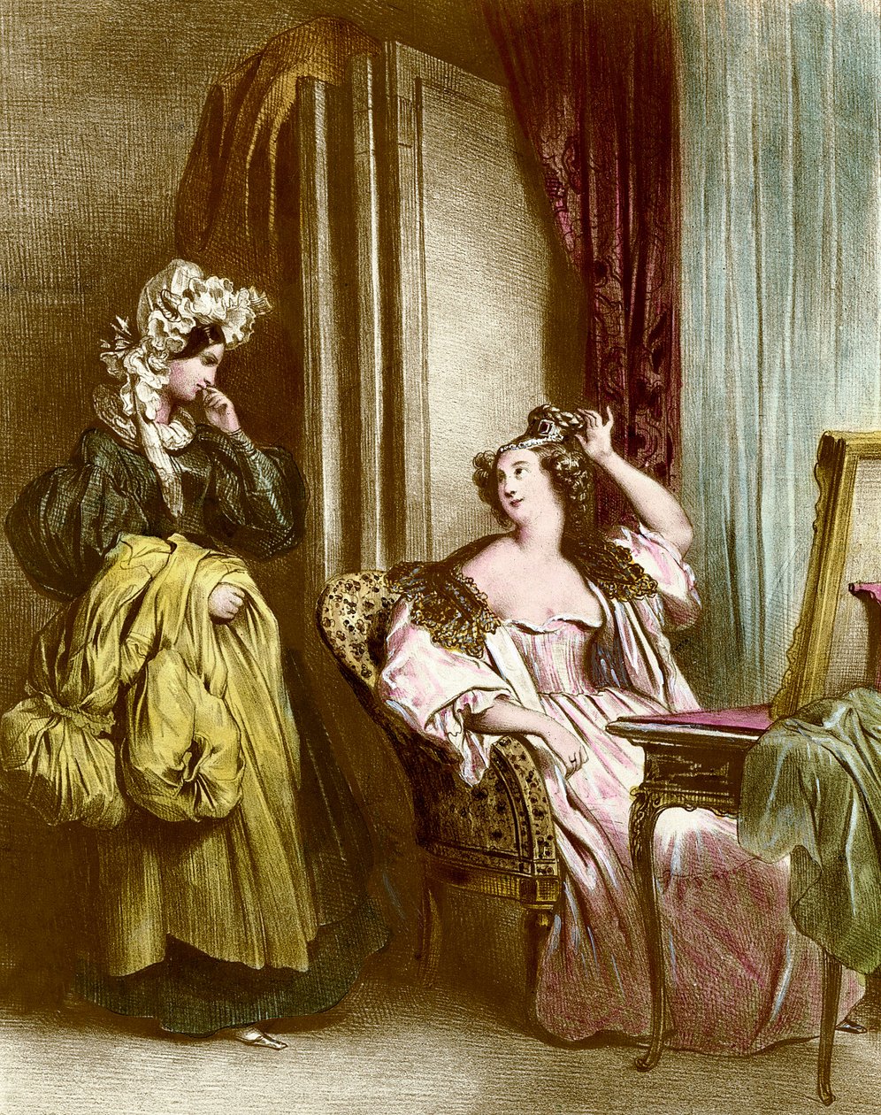 La toilette: una giovane donna elegante con la sua cameriera. Litografia di Achille Deveria (1800-1857) XIX secolo Collezione privata da Achille Devéria