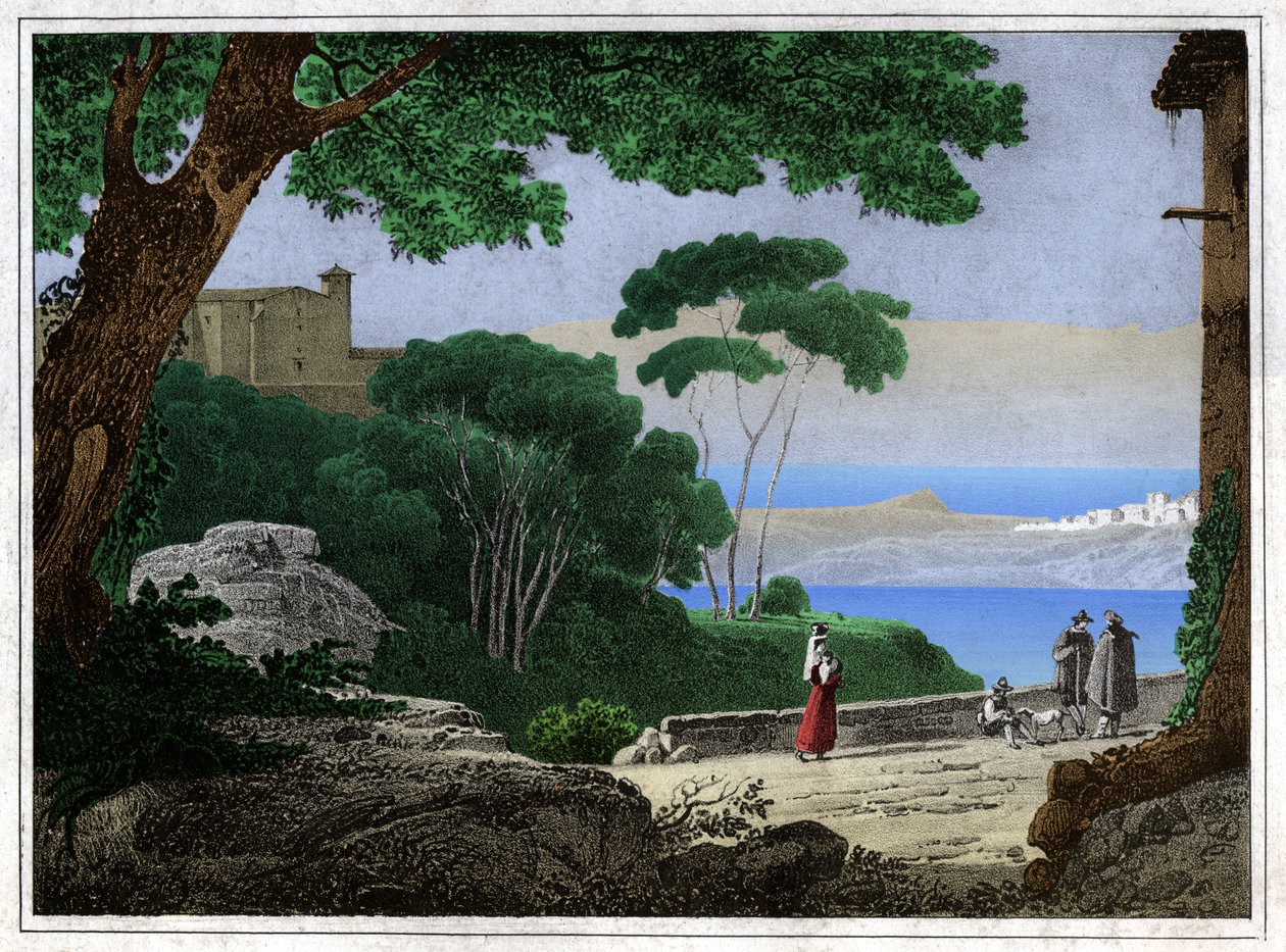 Lago Albano (incisione, ca. 1820) da Achille Etna Michallon