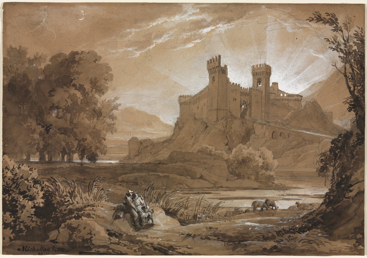 Paesaggio con castello e pastori da Achille Etna Michallon