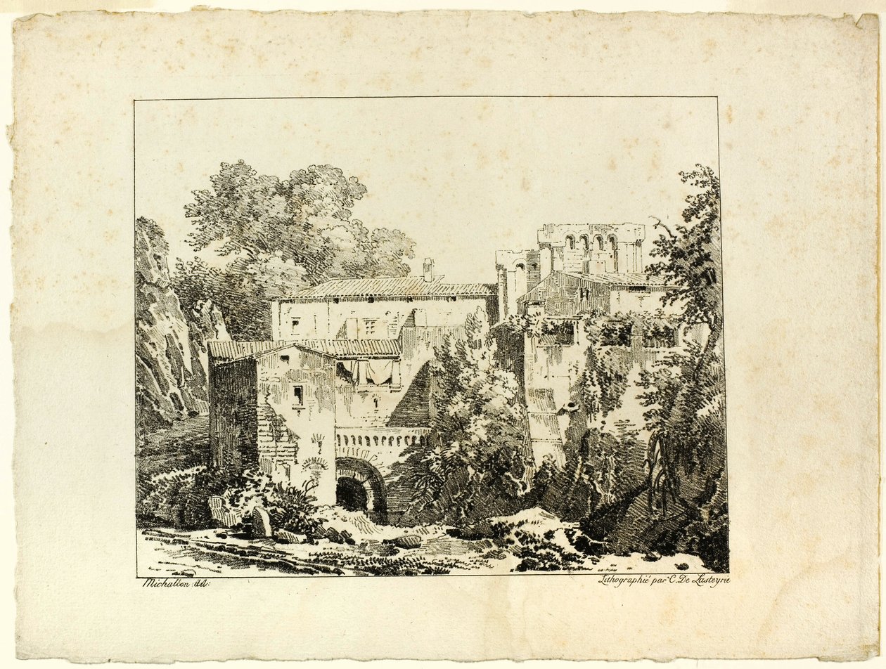Paesaggio con rovine e viadotto da Achille Etna Michallon