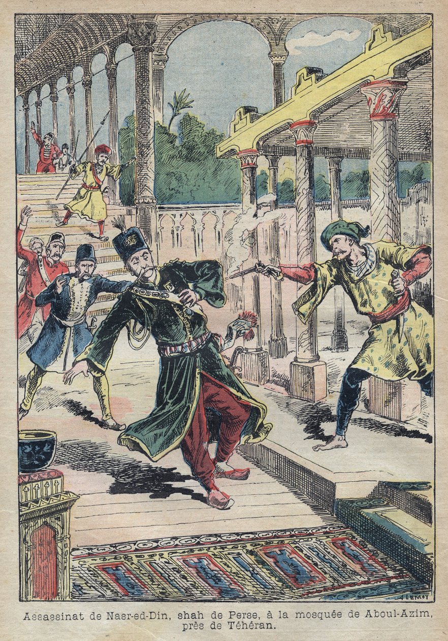 Assassinio di Nasser Ed Din (1831-1896), Scià di Persia (Iran) nel 1896 - Illustrazione di Achille Lemot per "Le Pelerin" del 1896 da Achille Lemot