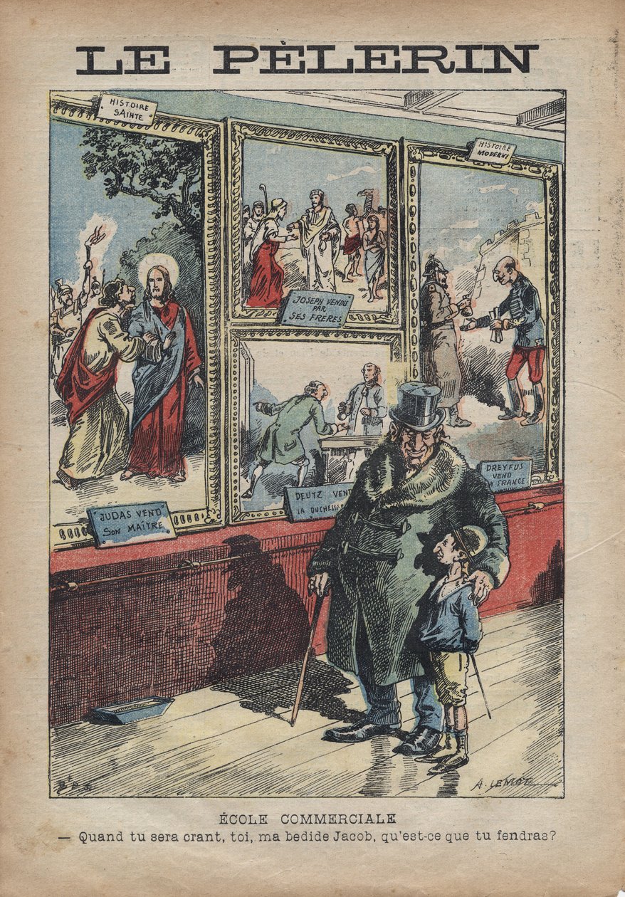 Cartone animato antisemita di Achille Lemot per "Le-Pelerin" di settembre 1896 - Scuola commerciale: quando diventi un crant, tu mio bedide Jacob, cosa dividerai? da Achille Lemot