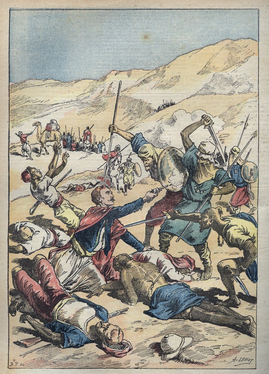 Morte del Marchese di Mores (Antoine-Amedee-Marie-Vincent) Manca de Vallombrosa (1858-1896) e dei suoi compagni vicino a El-Ouatia in Tunisia nel 1896 - Illustrazione di Achille Lemot in "Le Pelerin" di giugno 1896 da Achille Lemot