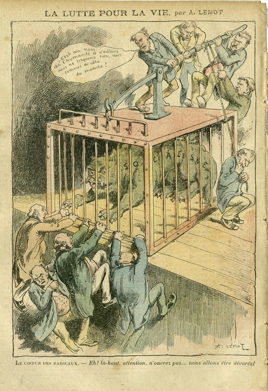 Illustrazione di Achille Lemot (1846-1909) in Le Pelerin, 21/04/07 - La lotta per la vita - Socialismo, Radical-Socialismo - Animalizzazione da Achille Lemot