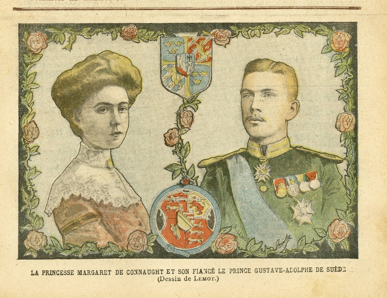 Illustrazione di Achille Lemot in Le Pelerin, 21/05/05 - Principessa Margaret di Connaught e il suo fidanzato Principe Gustave-Adolphe di Svezia - Monarchia, Medaglia, Sovrano straniero, Svezia - De Connaught Margaret, Gustave IV Adolphe di Svezia da Achille Lemot