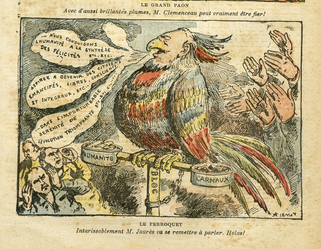 Illustrazione di Achille Lemot (1846-1909) in Le Pelerin, 26/01/08 - Il grande pavone - Sciopero, Socialismo, Carmaux, Umanità (giornale) - Jaures Jean, Parrocchetto da Achille Lemot