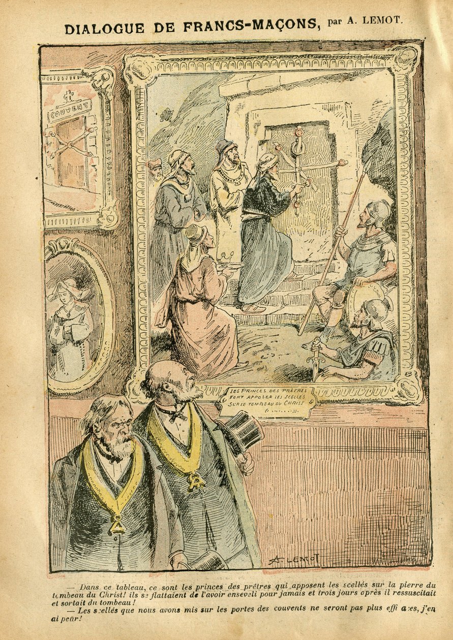 Illustrazione di Achille Lemot (1846-1909) in Le Pèlerin, 31/03/07 - Dialogo dei Francs-Macons - Arte, Antimaconismo, Religione Fede, Cattolicesimo - Separazione della Chiesa e dello Stato, Inventari/Reazioni agli inventari da Achille Lemot