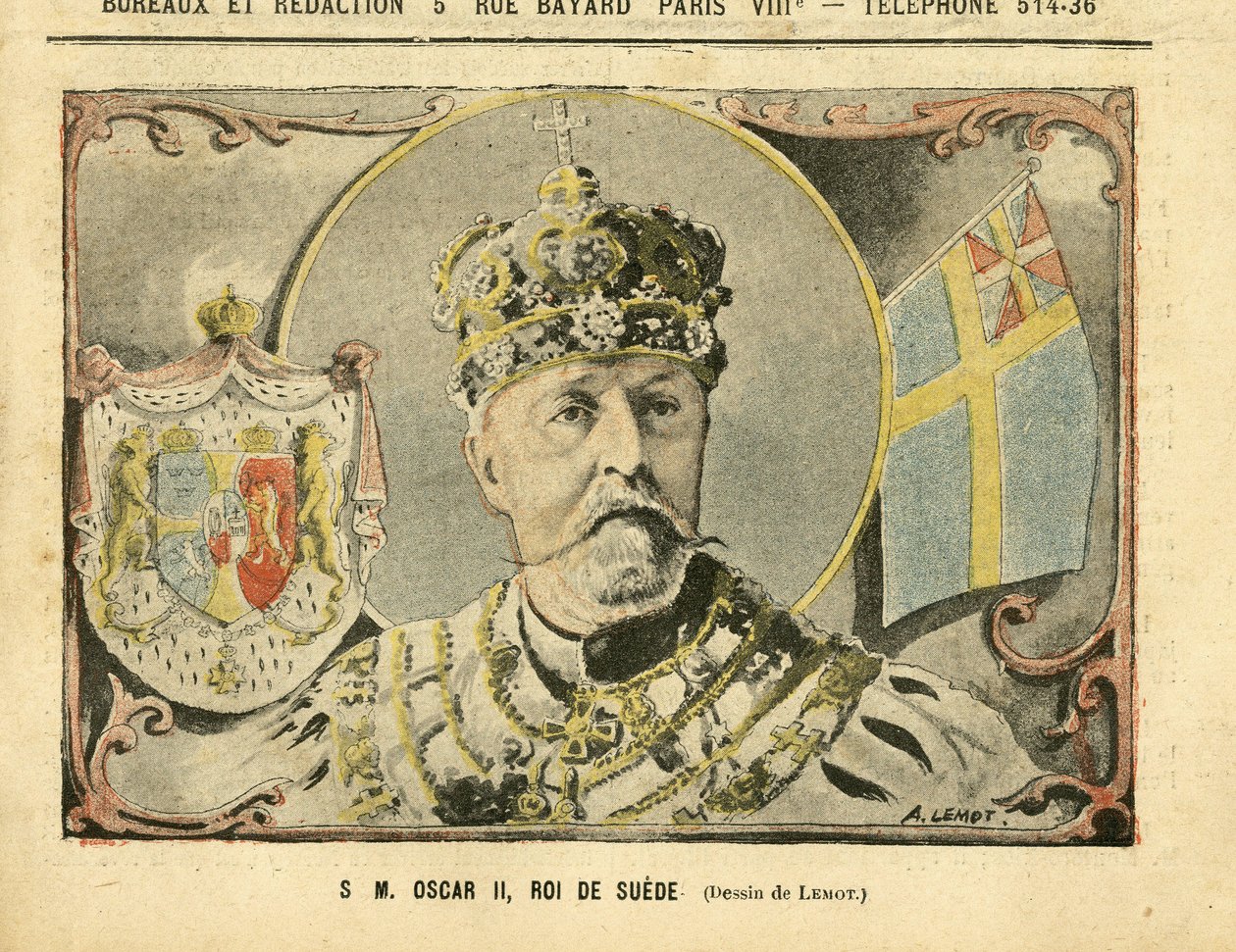 Illustrazione di Achille Lemot (1846-1909) in Le Pelerin, 02/07/05 - Sua Maestà Oscar II, Re di Svezia - Monarchia, Svezia - Oscar II da Achille Lemot