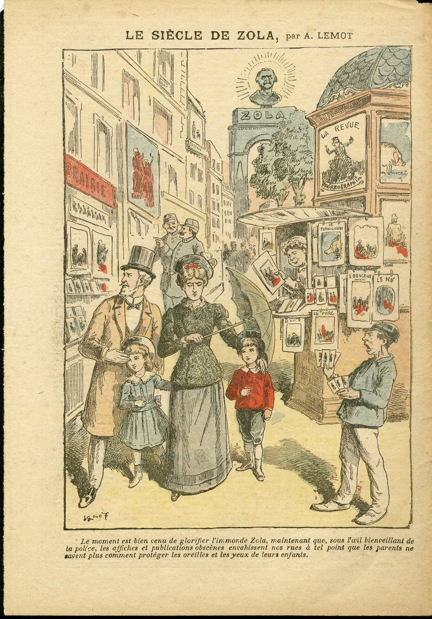 Illustrazione di Achille Lemot (1846-1909) in Le Pelerin, 03/05/08 - Il secolo di Zola - Religione Fede, Famiglia, Pornografia, Edicole, Cattolicesimo, Rue vicolo - Zola Emile da Achille Lemot