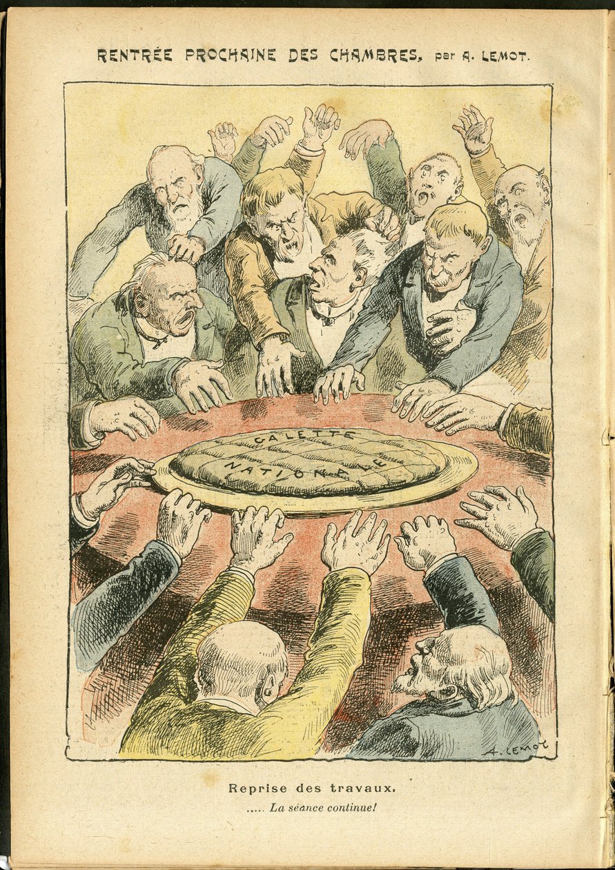 Illustrazione di Achille Lemot (1846-1909) in Le Pelerin, 03/06/06 - Prossimo affitto delle camere - Antiparlamentarismo, Camera dei Deputati Emiciclo, Galette des rois - Deputato da Achille Lemot