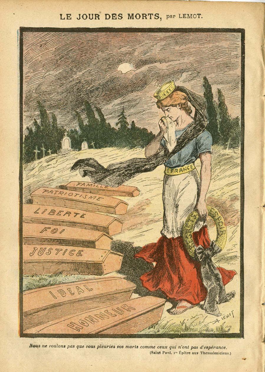 Illustrazione di Achille Lemot (1846-1909) in Le Pelerin, 03/11/07 - Il Giorno dei Morti - Giustizia Processo, Religione Fede, Libertà, Francia, Bandiera tricolore, Patriottismo, Lutto Funerale, Onore, Bara - Marianne - Morte, Metafora religiosa da Achille Lemot