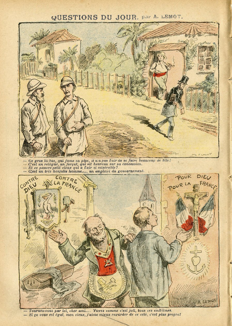 Illustrazione di Achille Lemot (1846-1909) in Le Pèlerin, 06/10/07 - Questione del giorno - Colonizzazione Colonialismo, Antimaconismo, Religione Fede, Ateismo, Patriotismo, Esilio, Cattolicesimo - Coloni, Esploratore, Forzati, bagnards da Achille Lemot